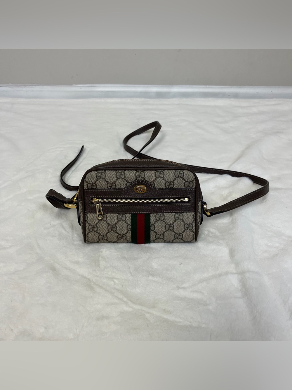 Gucci Beige GG Supreme Canvas Mini Crossbody Bag Brown Trim - Picture 7 of 16